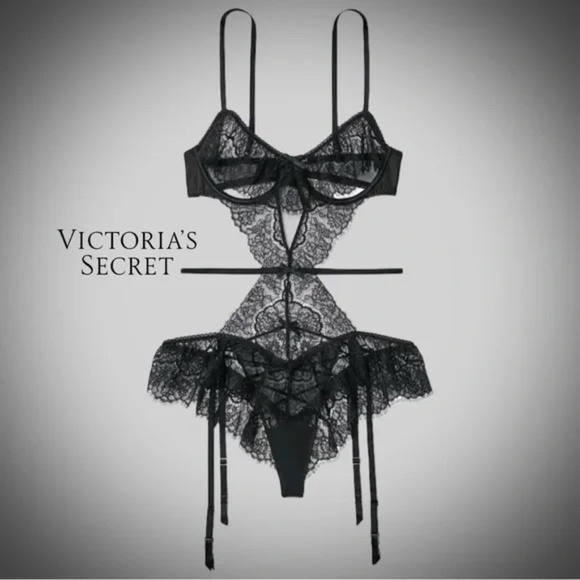 Victoria's Secret Other - New! Victoria’s Secret Lace Ruffle Peek-a-Boo Teddy Black 45917